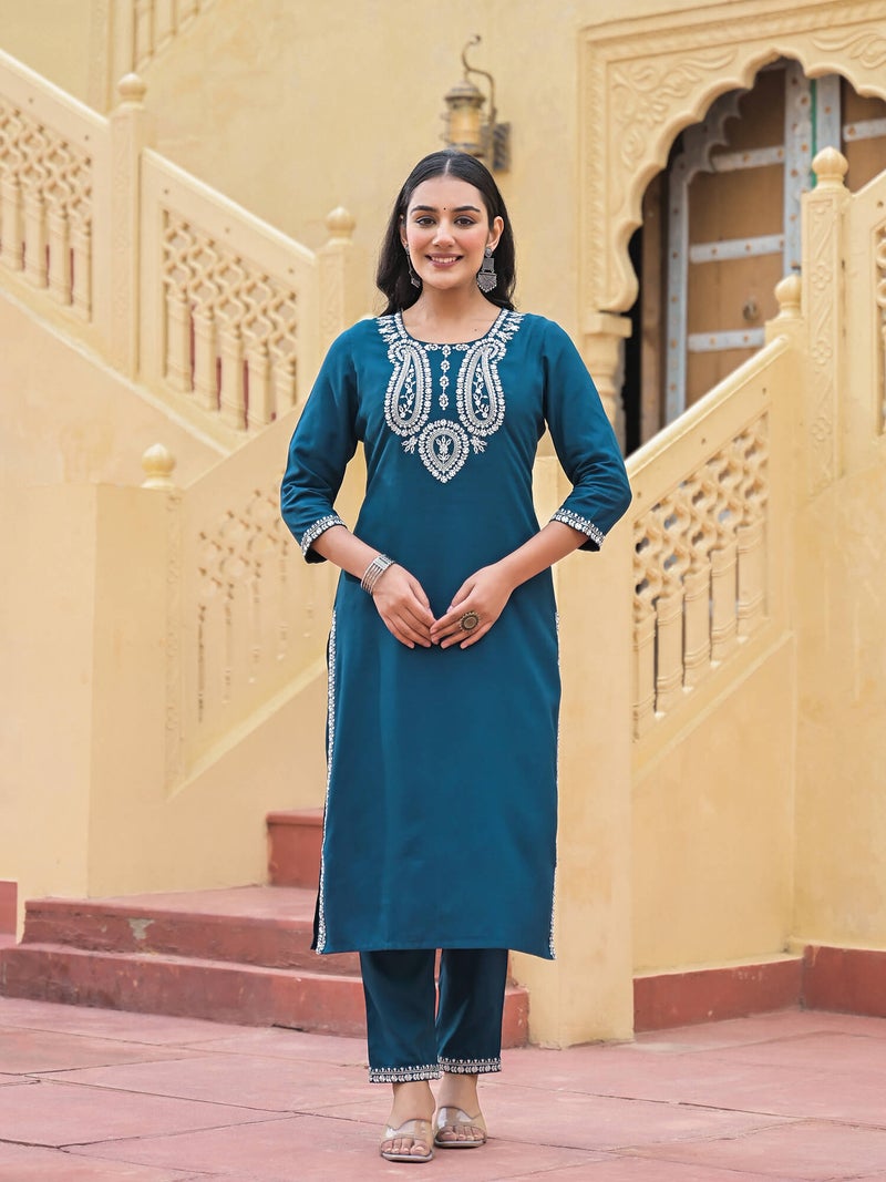 Shifory Teal Embroidered Kurti Pant Set for Women - Image 1